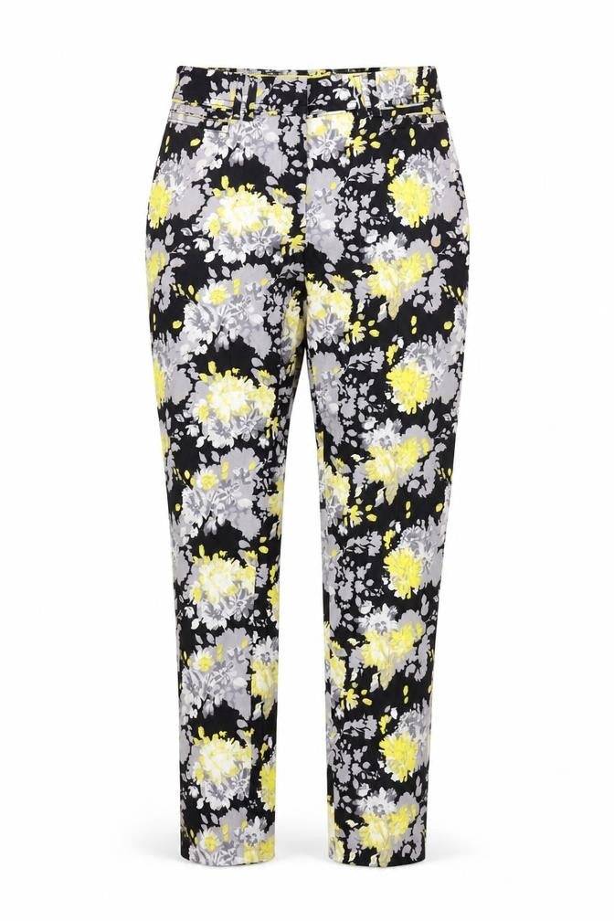 Dunnes Women Floral Print Cropped Trousers Black Yellow Size 10 Cotton Stretch