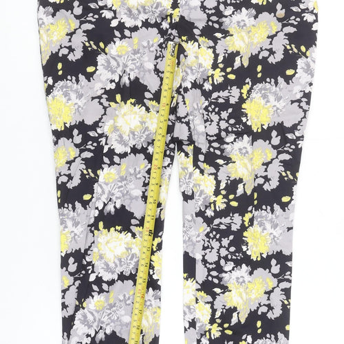 Dunnes Women Floral Print Cropped Trousers Black Yellow Size 10 Cotton Stretch