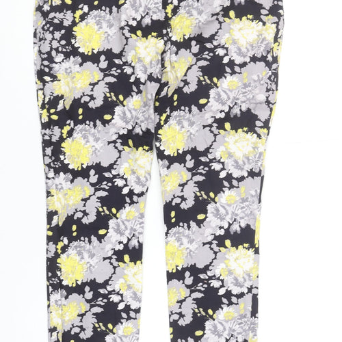 Dunnes Women Floral Print Cropped Trousers Black Yellow Size 10 Cotton Stretch
