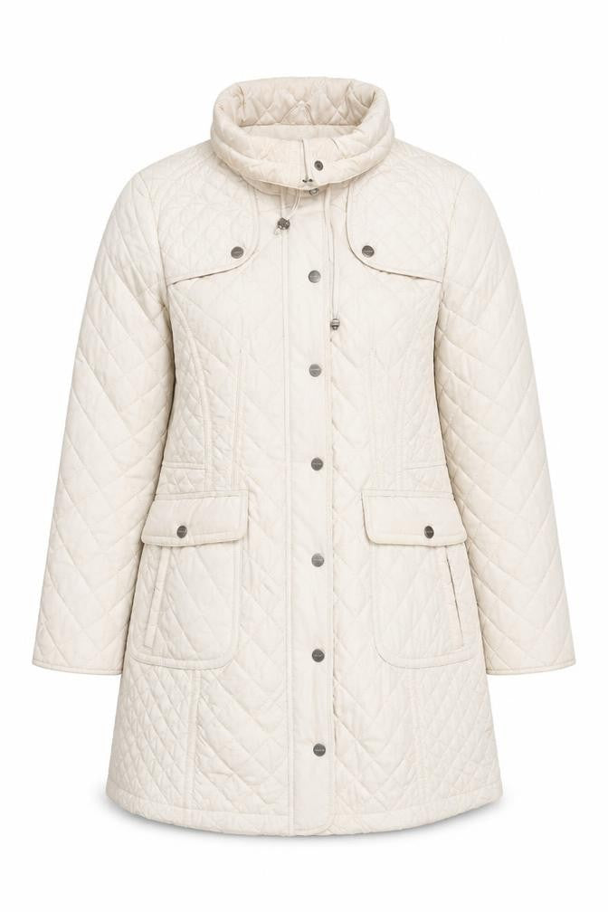 Front view of Olsen women’s beige quilted mid-length coat, size UK 14
