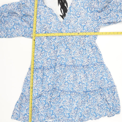 Savida Women's Blue Floral A-Line Cotton Short Dress Size 16
