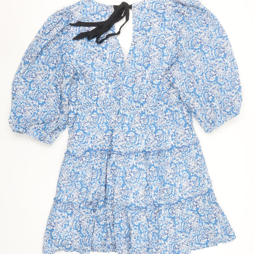 Savida Women's Blue Floral A-Line Cotton Short Dress Size 16