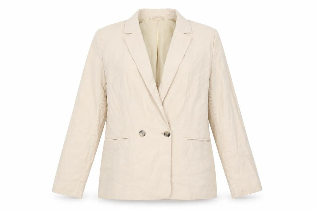 Front view of H&M Women Beige Double-Breasted Blazer UK 12 Regular Fit