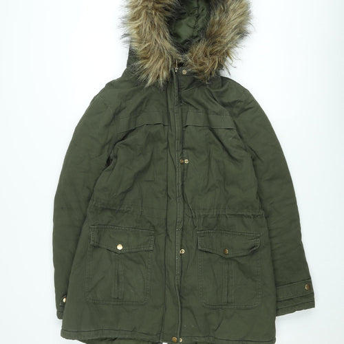 New Look Women’s Green Faux Fur Trim Parka Coat Size 12
