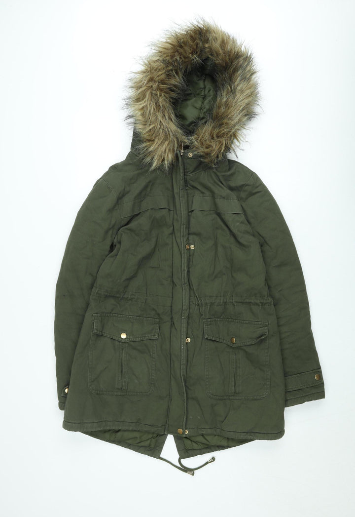 New Look Women’s Green Faux Fur Trim Parka Coat Size 12