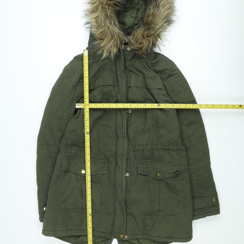 New Look Women’s Green Faux Fur Trim Parka Coat Size 12