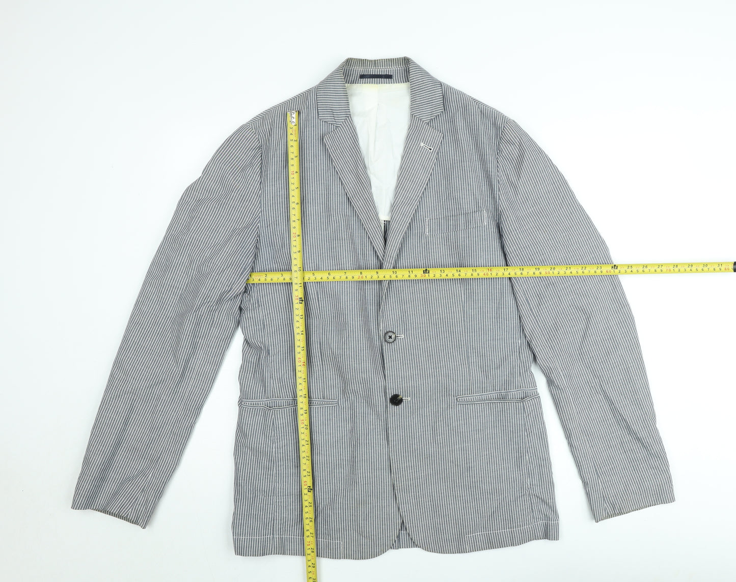 French Connection Men's Grey & White Striped Slim Fit Cotton Blazer M