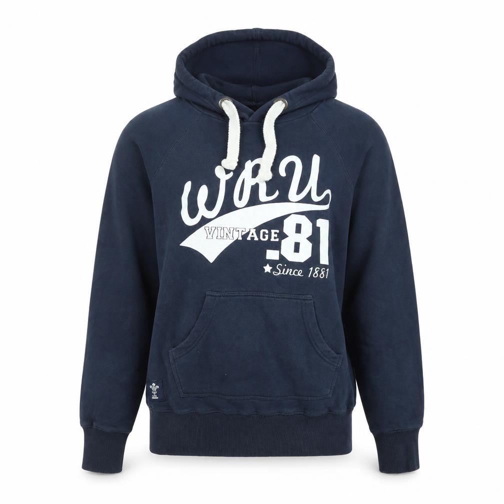 Front view of WRU Men's Blue Small Pullover Hoodie Vintage 81 Rugby Sweatshirt