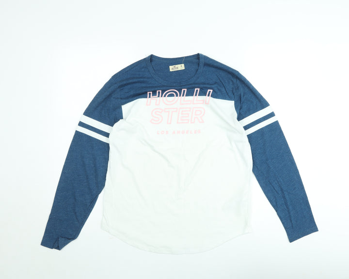 Hollister Women’s Blue & White Long Sleeve Colourblock T-Shirt Size M