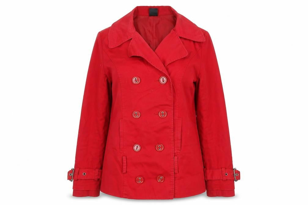 Front view of Bay Women's Red Cotton Blend Pea Coat, size 10, Buttoned Lined