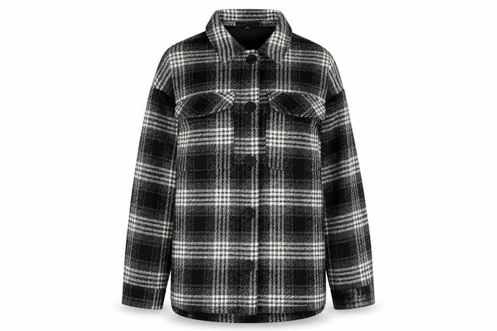 Front view of Motel Rocks Women’s Black Check Shacket Jacket, size M, Checked Button Up Coat