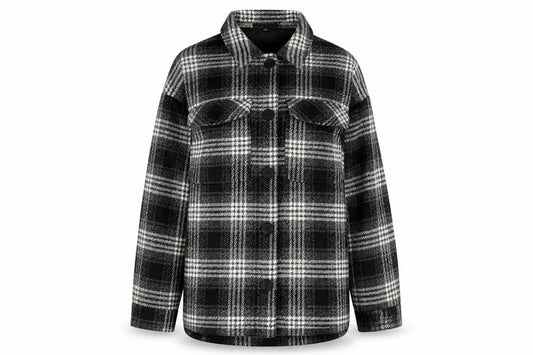 Front view of Motel Rocks Women’s Black Check Shacket Jacket, size M, Checked Button Up Coat