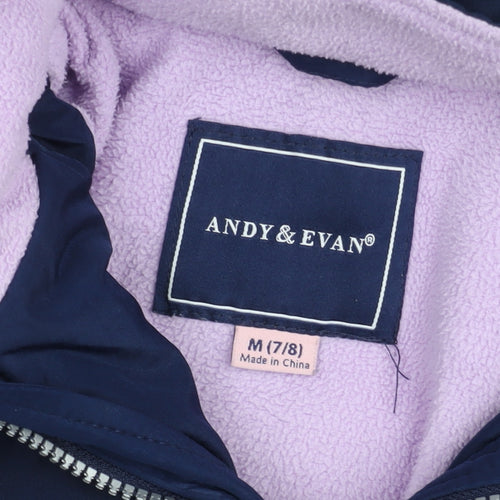 Andy & Evan Girls Blue Hooded Mid-Length Puffer Coat 7-8 Years Winter