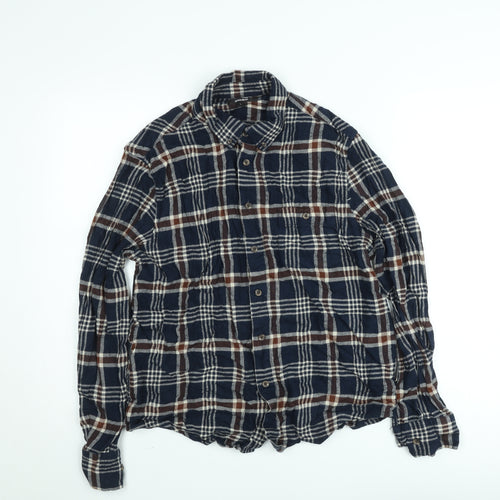 Dunnes Stores Men's Navy Brown Check Flannel Cotton Button-Up Shirt L Regular Fit