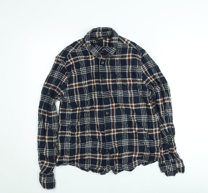Dunnes Stores Men's Navy Brown Check Flannel Cotton Button-Up Shirt L Regular Fit