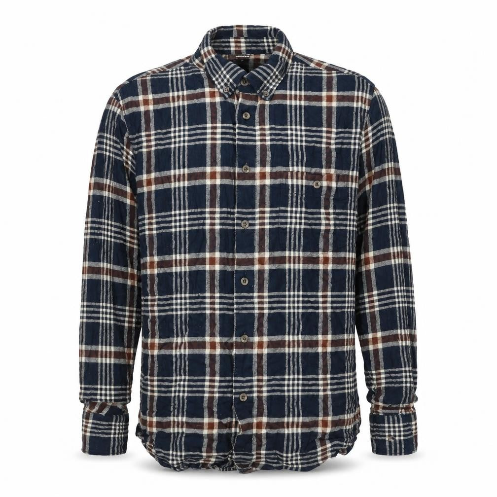 Dunnes Stores Men's Navy Brown Check Flannel Cotton Button-Up Shirt L Regular Fit