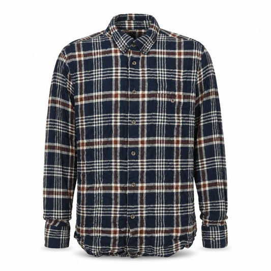 Front view of Dunnes Men's Navy Brown Check Flannel Cotton Button-Up Shirt L Regular Fit