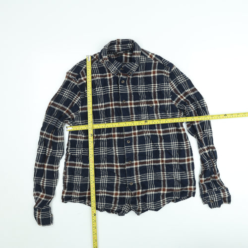 Dunnes Stores Men's Navy Brown Check Flannel Cotton Button-Up Shirt L Regular Fit