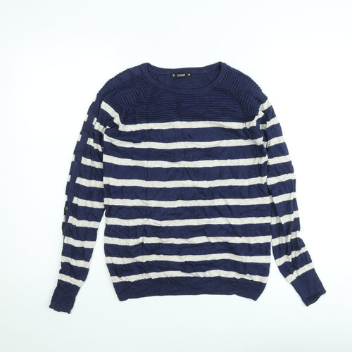 Dunnes Women's Blue Striped Crew Neck Cotton Knit Jumper Size S