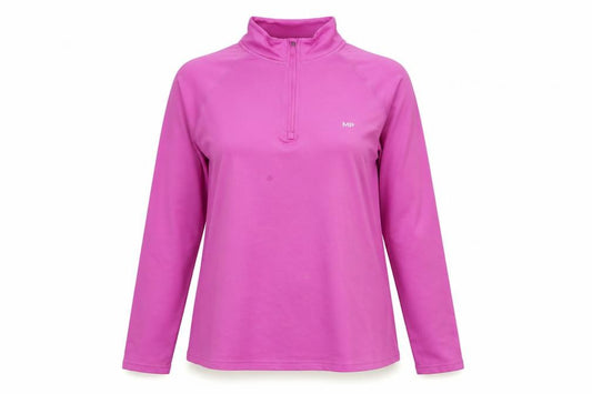Front view of Myprotein Women's Pink Long Sleeve 1/4 Zip Pullover Sweatshirt, size L