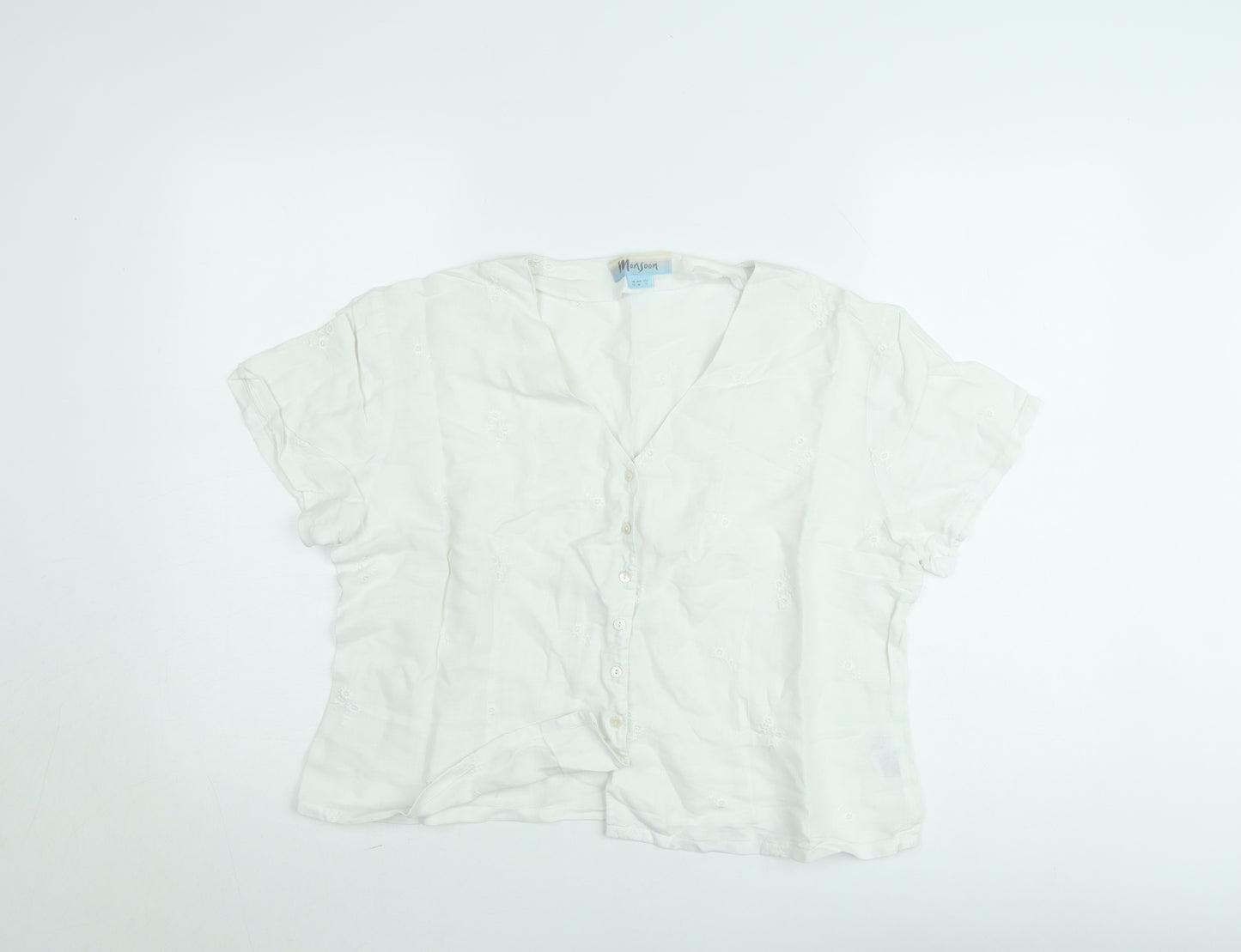 Monsoon Women White Cotton Embroidered Button Blouse Size 16