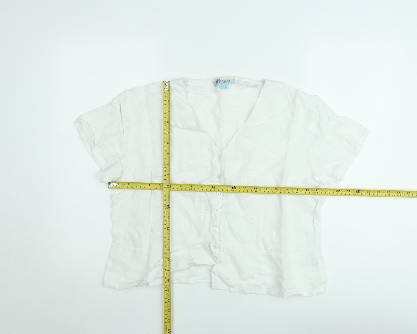Monsoon Women White Cotton Embroidered Button Blouse Size 16