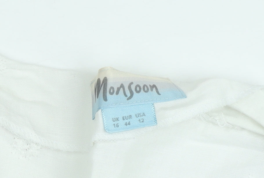 Monsoon Women White Cotton Embroidered Button Blouse Size 16