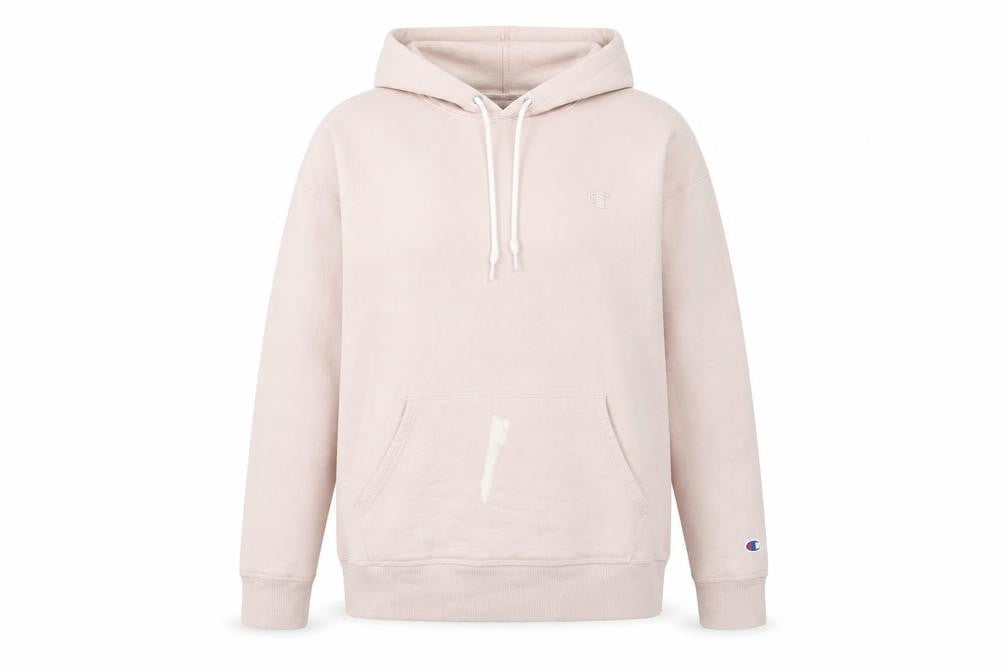 Front view of Champion Women’s Pink Pullover Hoodie, size L, Cotton Blend