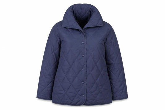 Front view of Bonmarché women’s blue quilted hooded mid-length jacket, size UK 12