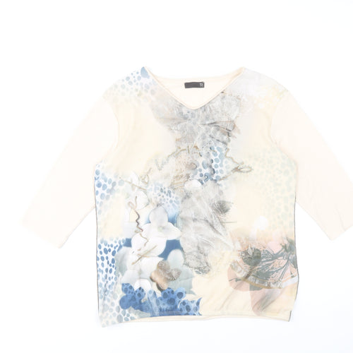 TR Women's Beige Floral V-Neck 3/4 Sleeve T-Shirt Size 14