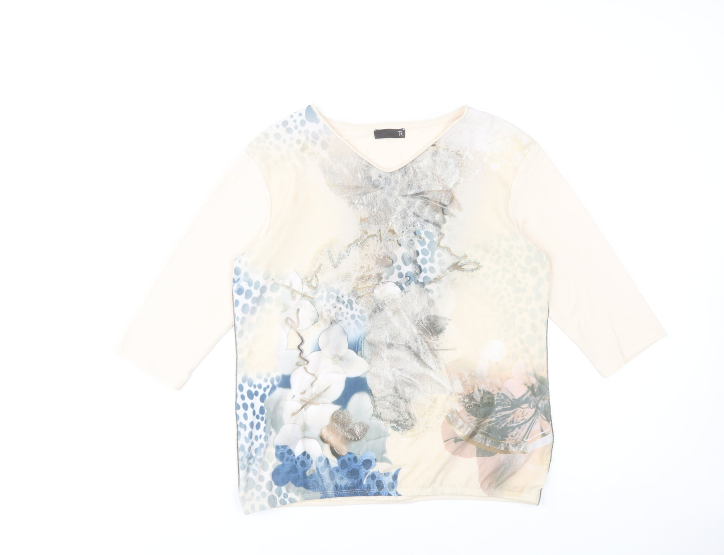 TR Women's Beige Floral V-Neck 3/4 Sleeve T-Shirt Size 14