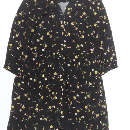 Joules Women Black Floral 3/4 Sleeve Viscose Shirt Dress Size 10