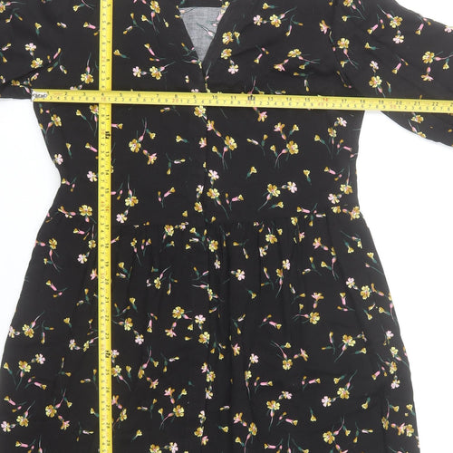 Joules Women Black Floral 3/4 Sleeve Viscose Shirt Dress Size 10
