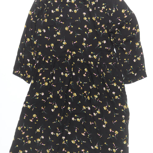 Joules Women Black Floral 3/4 Sleeve Viscose Shirt Dress Size 10