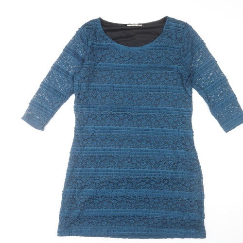 A de T Women Blue Lace Shift Dress 3/4 Sleeve Knee Length