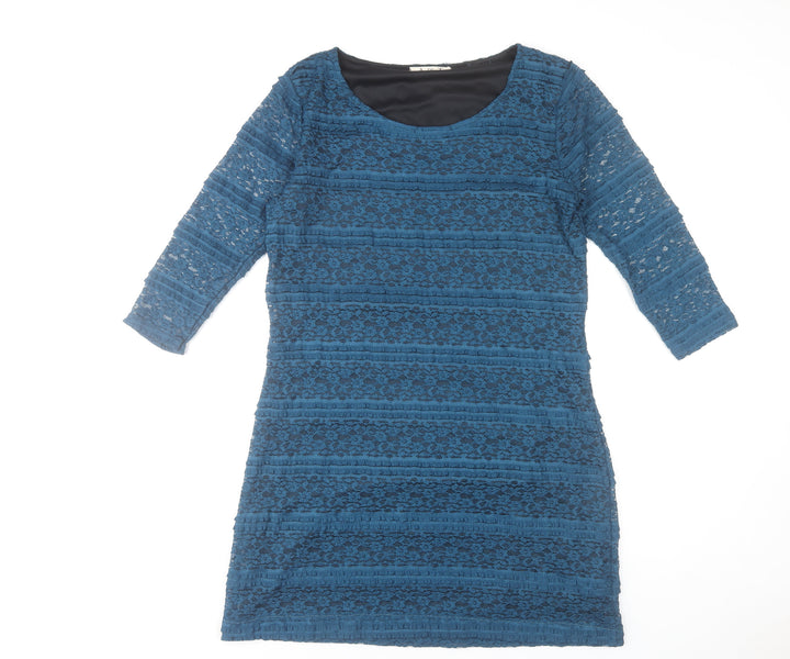 A de T Women Blue Lace Shift Dress 3/4 Sleeve Knee Length
