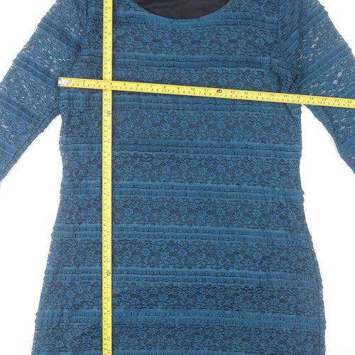 A de T Women Blue Lace Shift Dress 3/4 Sleeve Knee Length