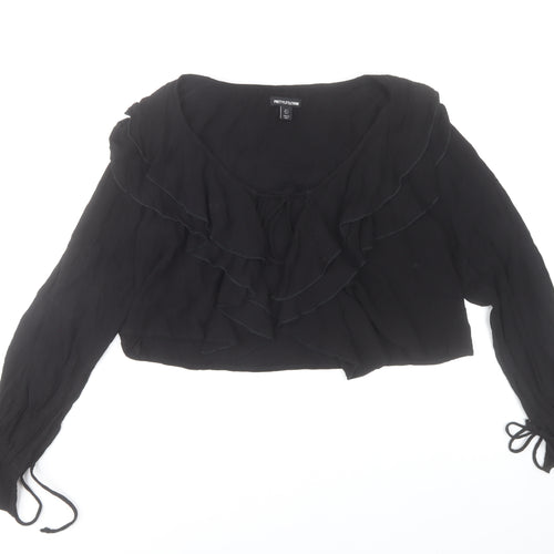 PrettyLittleThing Women's Black Ruffle Long Sleeve Cropped Blouse Size 6