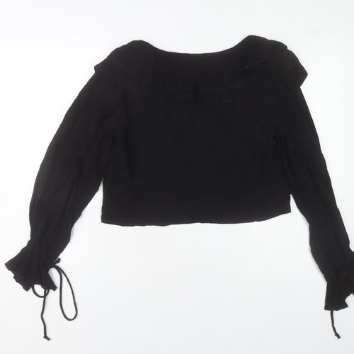 PrettyLittleThing Women's Black Ruffle Long Sleeve Cropped Blouse Size 6
