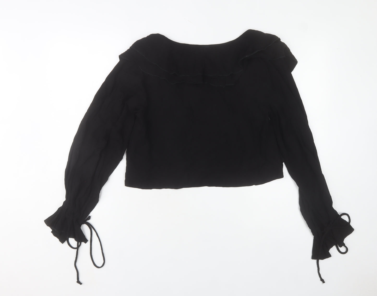 PrettyLittleThing Women's Black Ruffle Long Sleeve Cropped Blouse Size 6