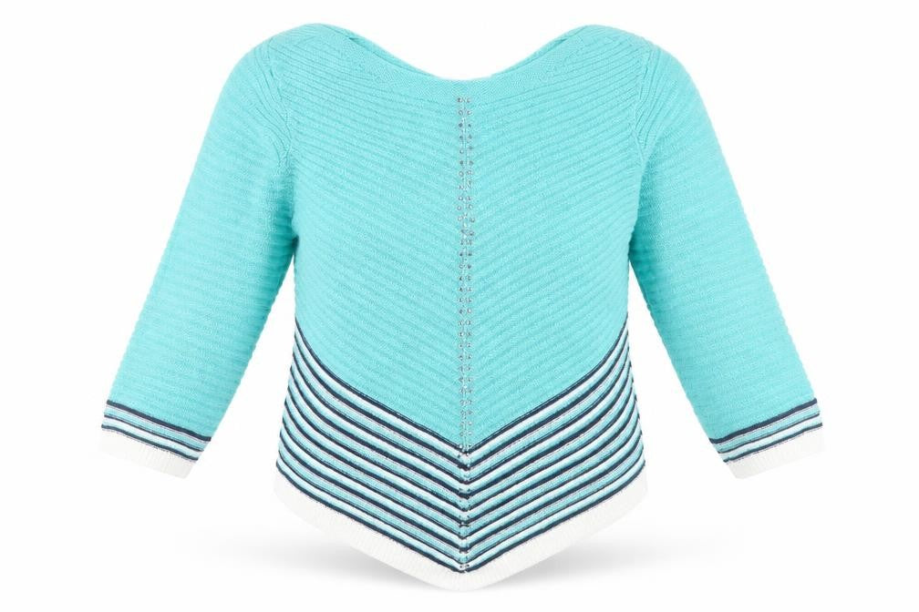 Front view of Gerard women’s blue striped v-neck knit jumper, size L