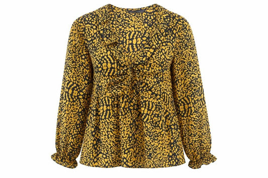 Front view of Dunnes Women’s Yellow Animal Print Chiffon Tunic Blouse, size UK 12
