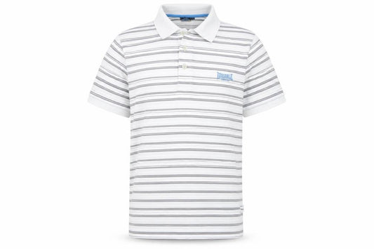 Front view of Lonsdale men’s white striped polo shirt, size S, regular fit