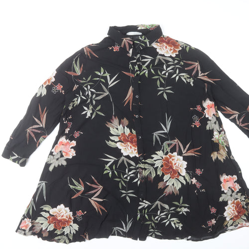 Zara Woman Black Floral Button-Up Tunic Shirt 3/4 Sleeve Size S