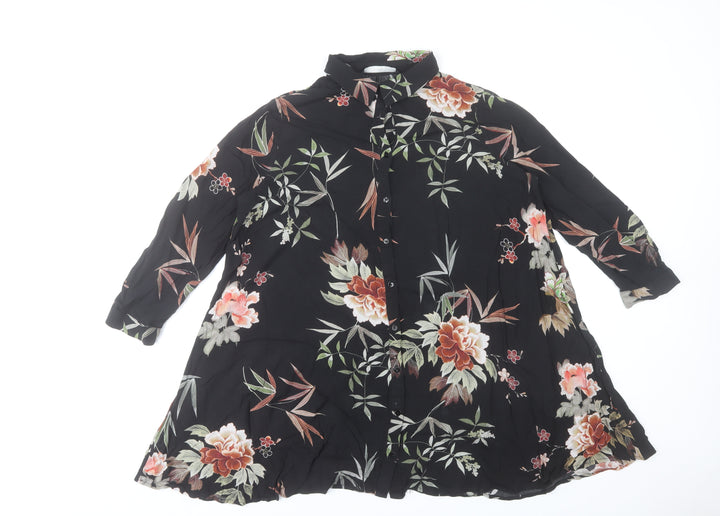 Zara Woman Black Floral Button-Up Tunic Shirt 3/4 Sleeve Size S