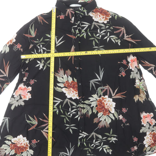 Zara Woman Black Floral Button-Up Tunic Shirt 3/4 Sleeve Size S