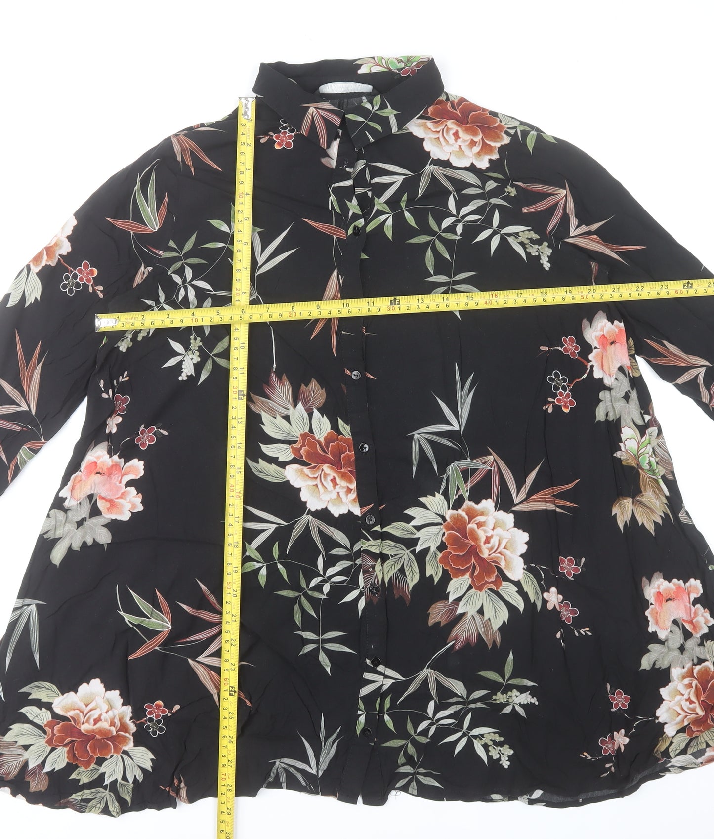 Zara Woman Black Floral Button-Up Tunic Shirt 3/4 Sleeve Size S
