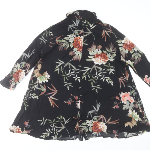 Zara Woman Black Floral Button-Up Tunic Shirt 3/4 Sleeve Size S