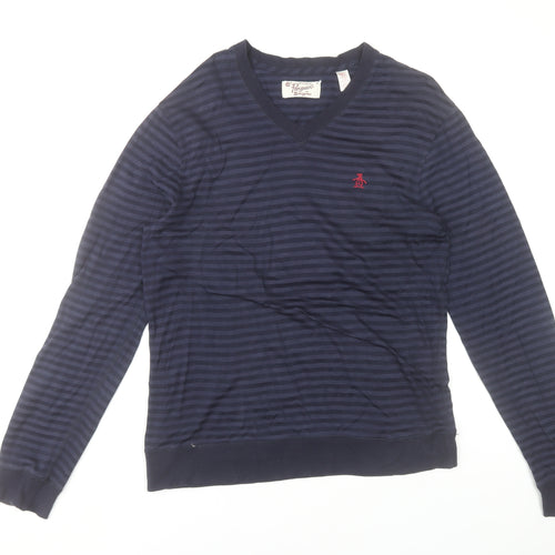 Original Penguin by Munsingwear Men's Navy Striped V-Neck Long Sleeve T-Shirt M