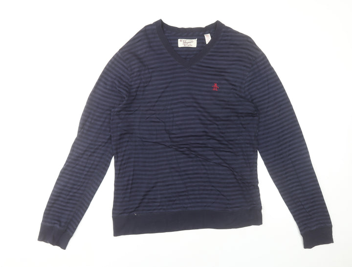 Original Penguin by Munsingwear Men's Navy Striped V-Neck Long Sleeve T-Shirt M
